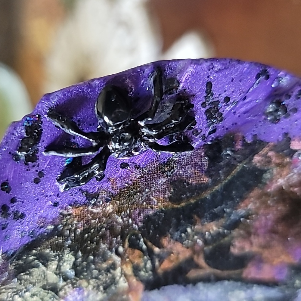 Spirited Purple Skull Art Sea Shell. Embellished with Flower, Spiders & Skull. - Picture 4 of 5
